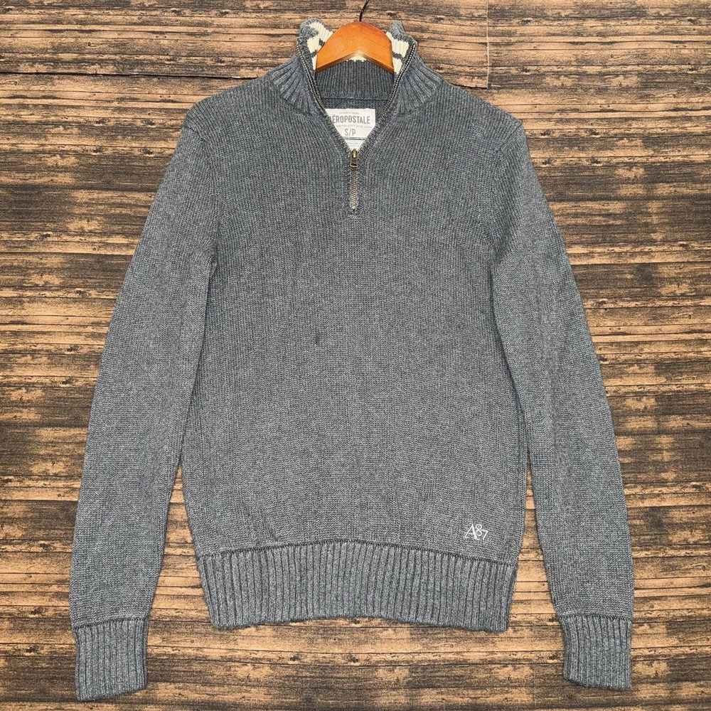 Aeropostale Sweater Men's Small 1/4 Zip Pullover Mock Neck Gray Cotton Y2K